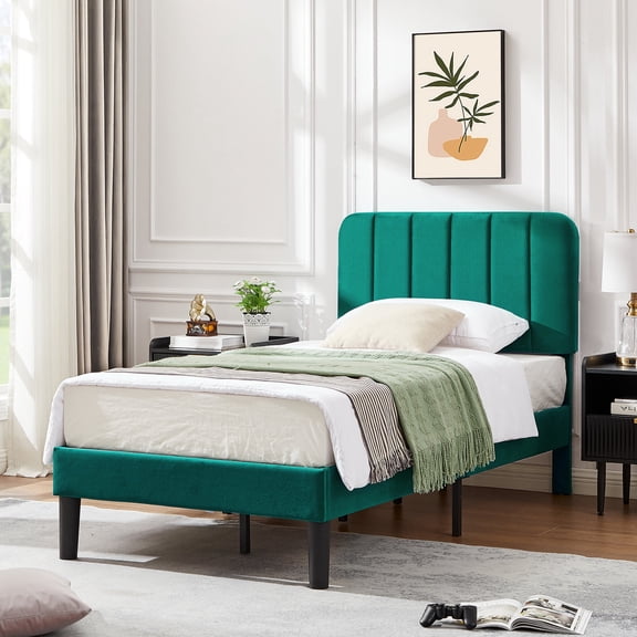VECELO Twin Size Upholstered Beds, Modern Platform Bed Frame with Adjustable Headboard, Wooden Slats Support/No Box Spring Needed, Dark Green