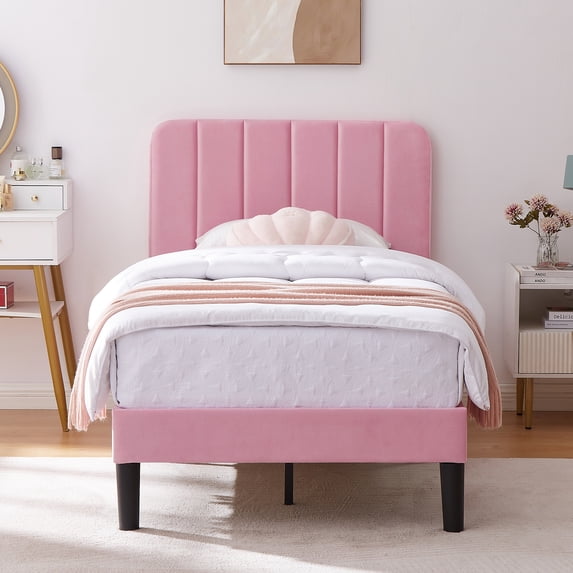 VECELO Twin Size Upholstered Beds, Modern Platform Bed Frame with Adjustable Headboard, Wooden Slats Support/No Box Spring Needed, Pink