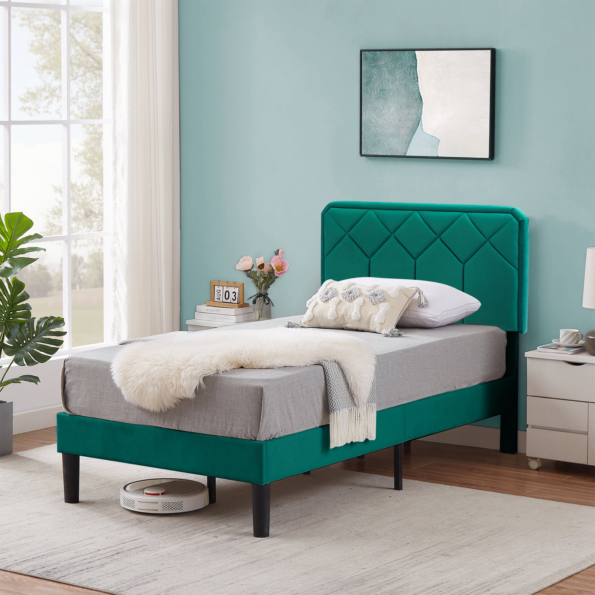 VECELO Twin Upholstered Bed Frame, Adjustable Headboard, No Box Spring ...