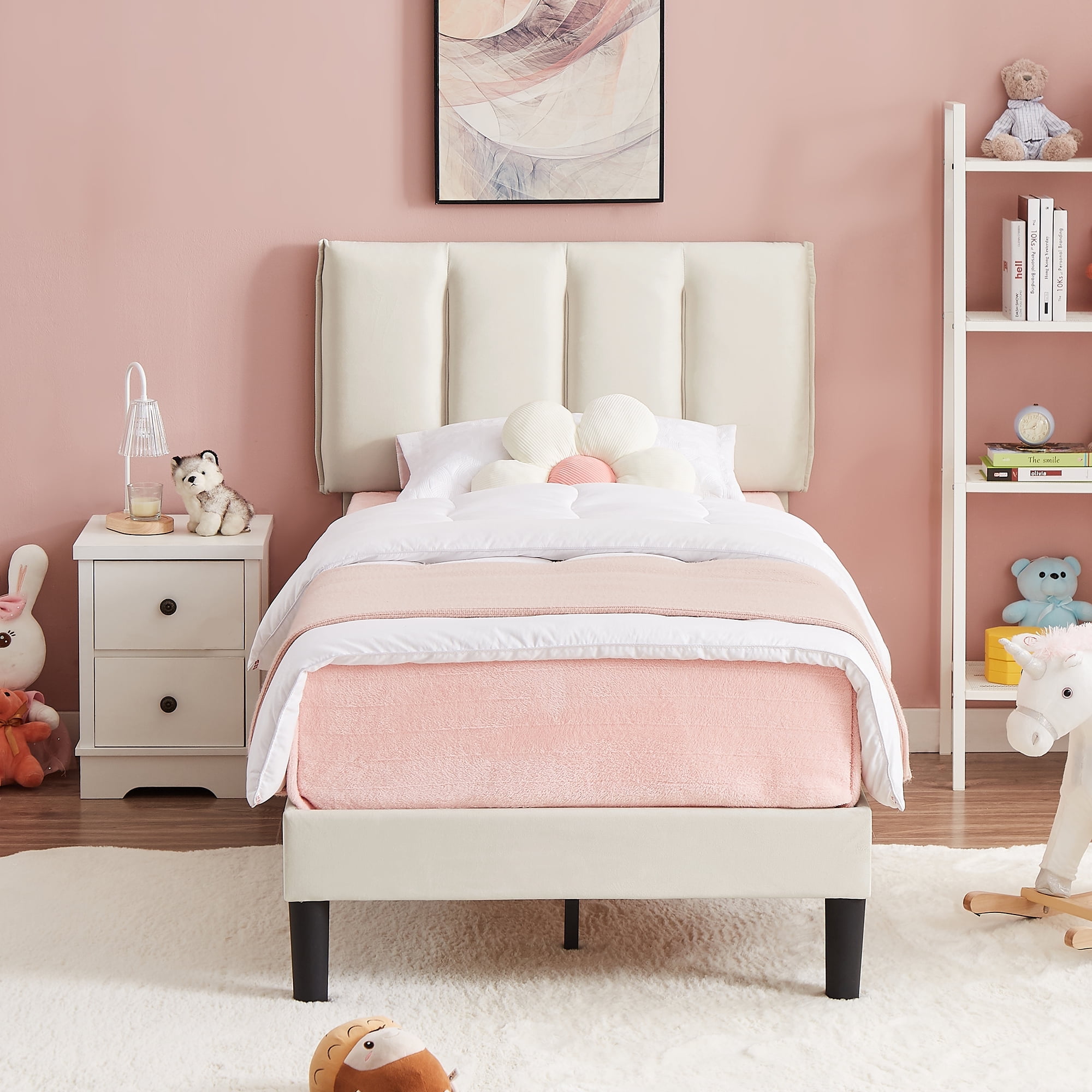 VECELO Twin Size Upholstered Platform Bed Frame with Adjustable Headboard, Wooden Slats Support, No Box Spring Needed/Easy Assembly, Beige