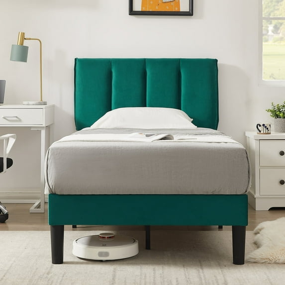 VECELO Twin Size Upholstered Platform Bed Frame with Adjustable Headboard, Wooden Slats Support, No Box Spring Needed/Easy Assembly, Dark Green