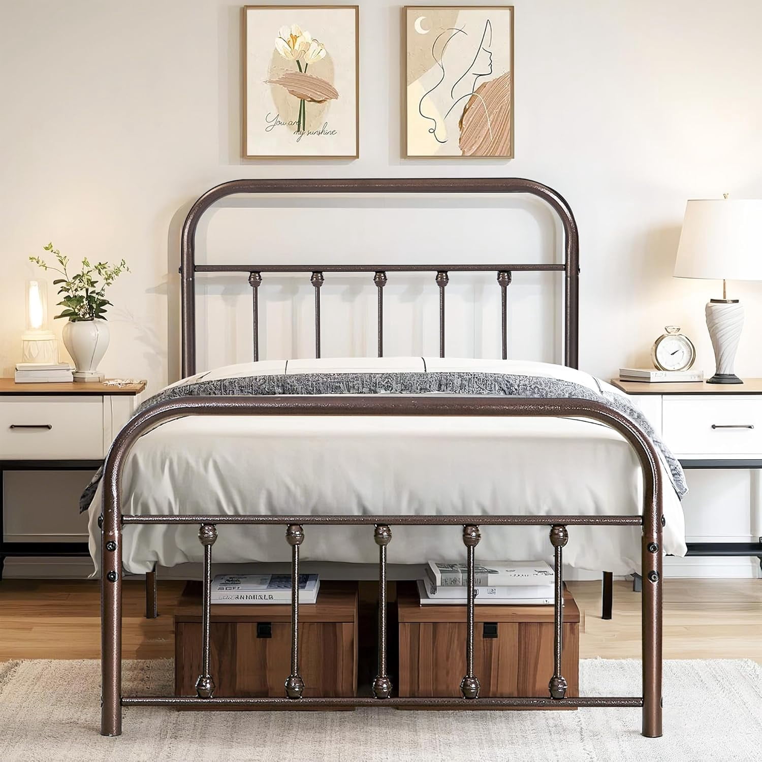 Topeakmart Full Size Victorian Metal Bed Frame - White With Headboard, Footboard & Under-Bed Storage