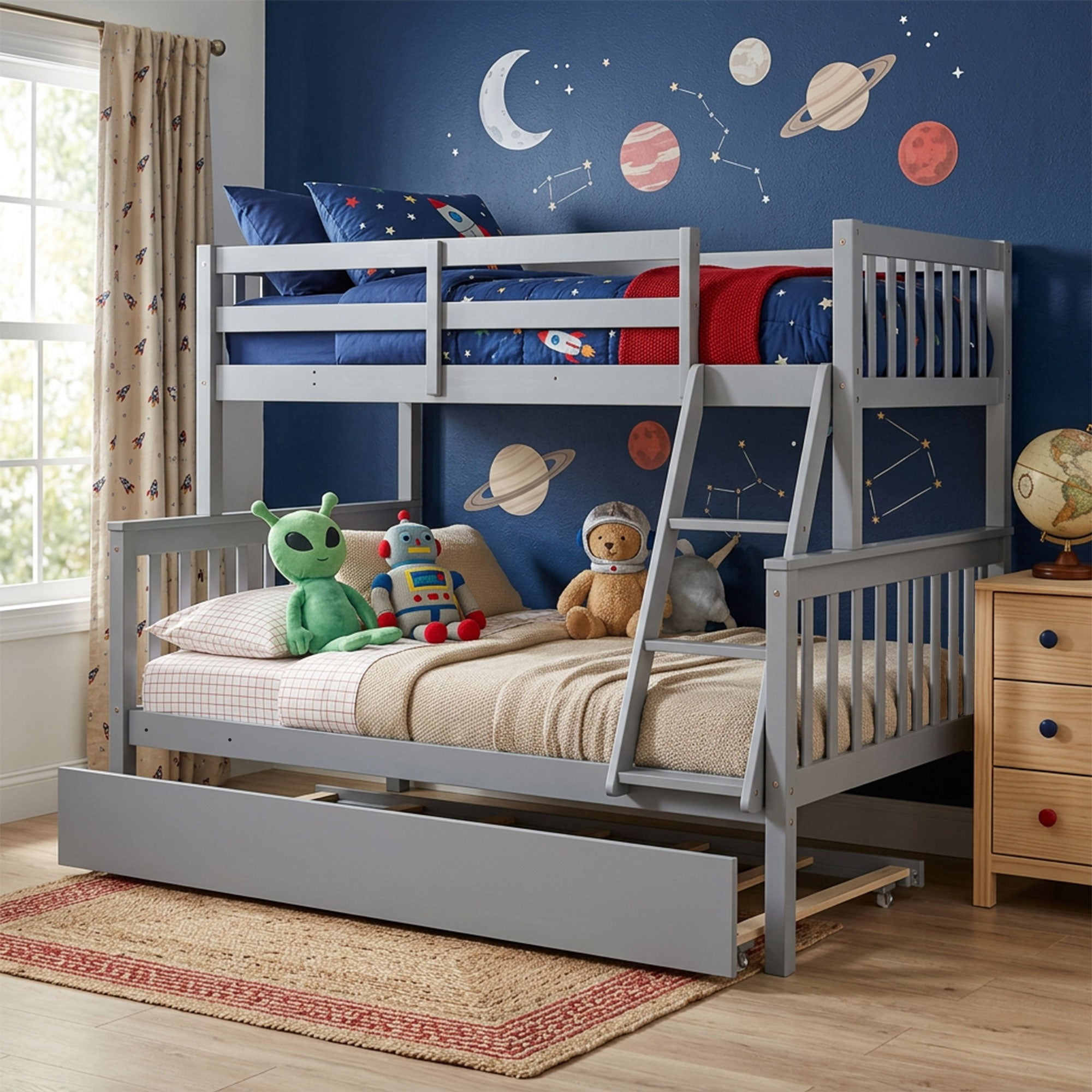 VECELO Twin Over Full Bunk Bed with Pull-Out Trundle, Solid Wood Bunk ...