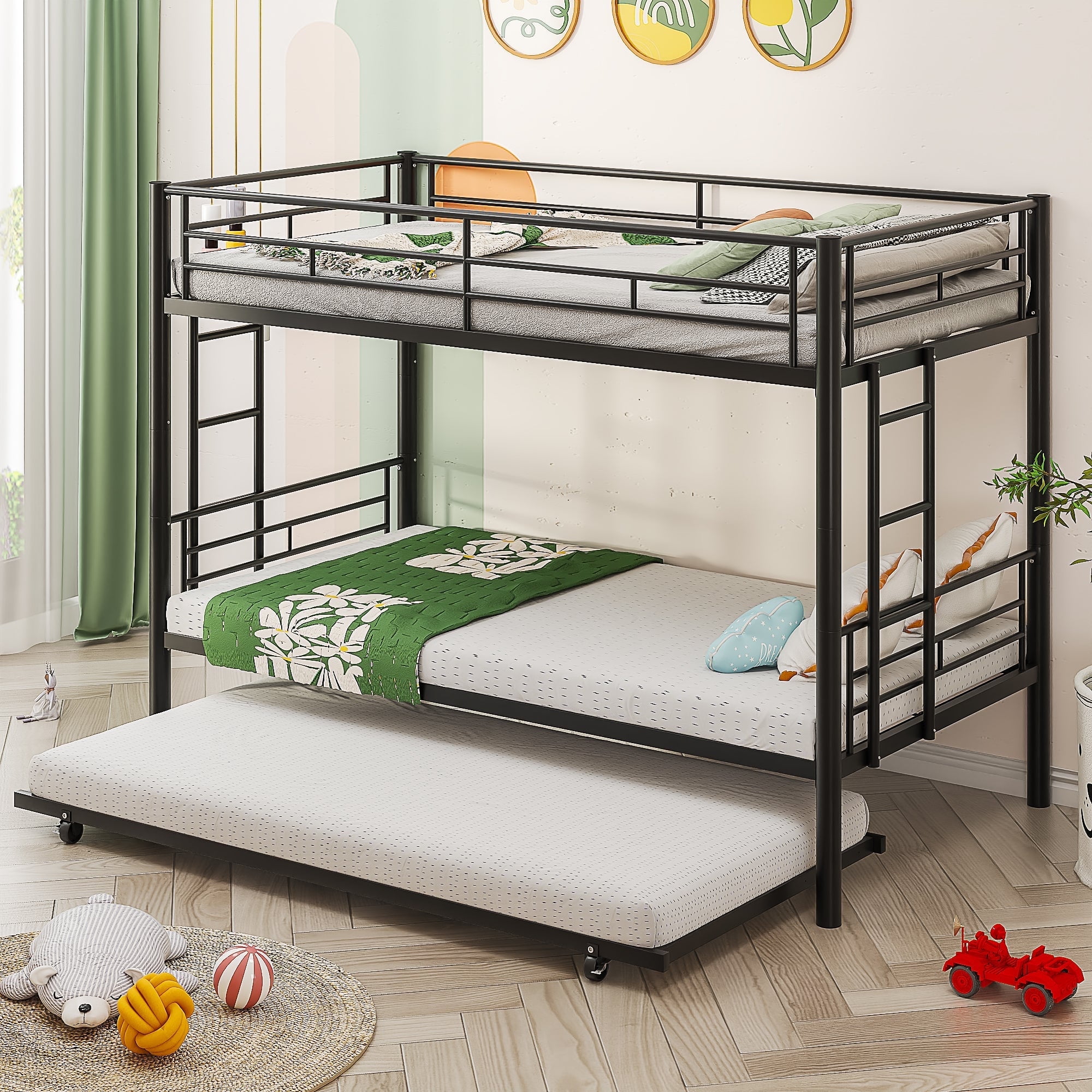 VECELO Twin Over Twin Bunk Beds with Trundle Bed, Metal Twin