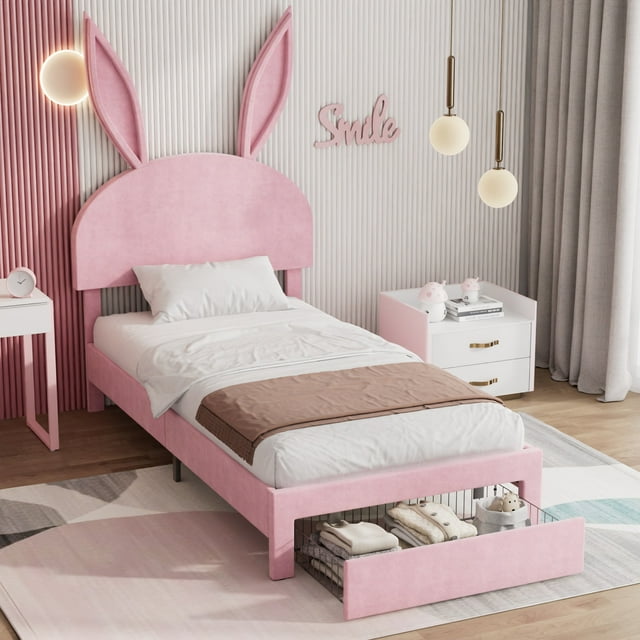 VECELO Twin Upholstered Bed Frame with Drawer, Velvet Platform Bed with