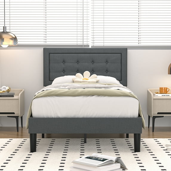 VECELO Twin Upholstered Platform Bed Frame with Adjustable Headboard, Button Tufted Mattress Foundation with Sturdy Wood Slat Support, No Box Spring Required, Dark Gray