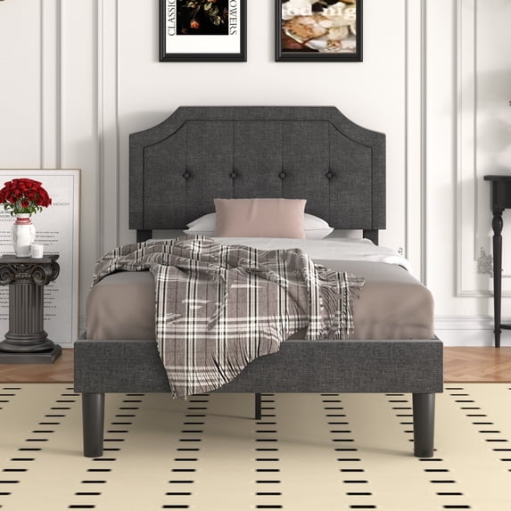VECELO Twin Upholstered Platform Bed Frame with Height Adjustable, Tufted Button Headboard/Mattress Foundation, Strong Wood Slat Support, No Box Spring Needed, Dark Gray