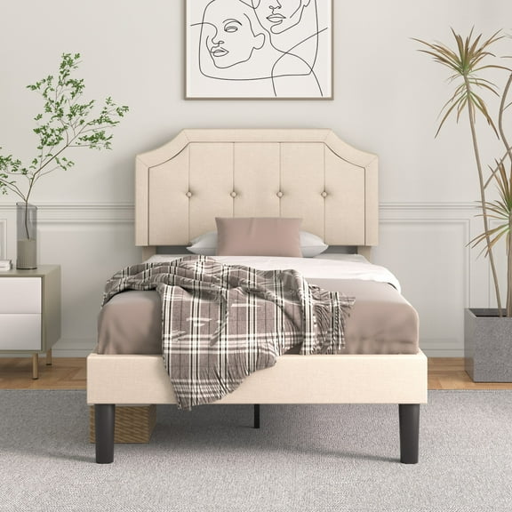 VECELO Twin Upholstered Platform Bed Frame with Height Adjustable Tufted Button Headboard, No Box Spring Needed, Beige