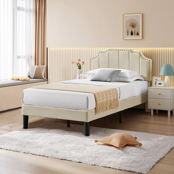 VECELO Twin Upholstered Platform Bed Frame with Tufted Adjustable Headboard/Mattress Foundation/Wood Slat Support,Easy Assembly,Beige