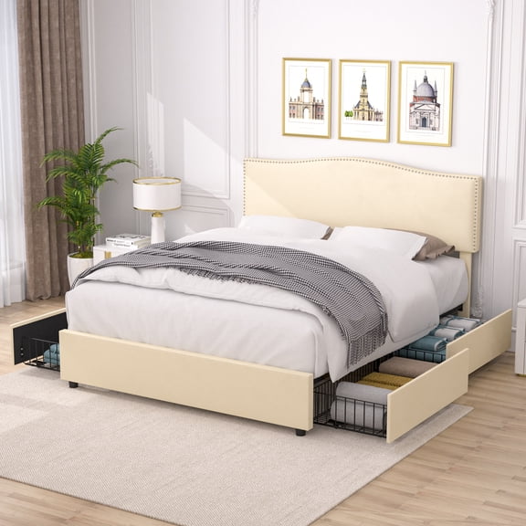 VECELO Upholstered Bed Frame with 4 Storage Drawers, Full Size Platform Bed Frame with Adjustable Headboard, Mattress Foundation with Wooden Slats Support, No Box Spring Needed, Beige