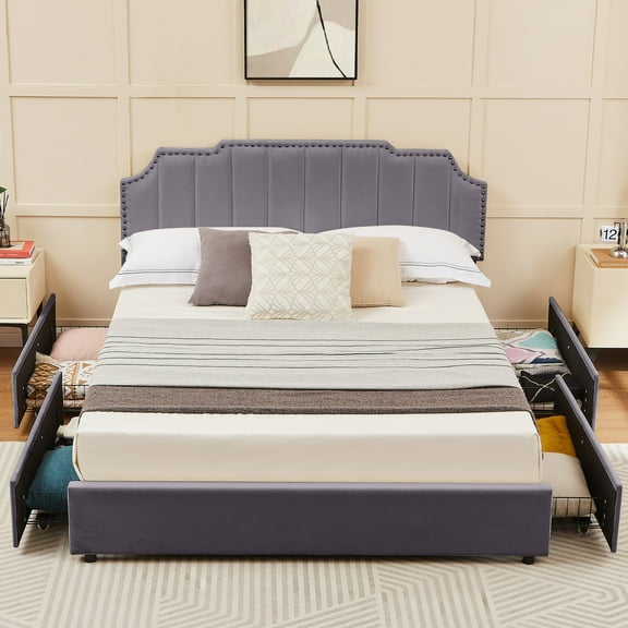 VECELO Upholstered Bed Frame with 4 Storage Drawers, Queen Platform Bed Frame with Adjustable Headboard, Mattress Foundation with Wooden Slats Support, No Box Spring Needed, Dark Gray