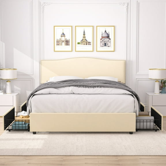 VECELO Upholstered Bed Frame with 4 Storage Drawers, Queen Size Platform Bed Frame with Adjustable Headboard, Mattress Foundation with Wooden Slats Support, No Box Spring Needed, Beige