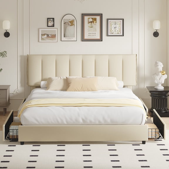 VECELO Upholstered Bed Frame with 4 Storage Drawers, King Size Modern Platform Bed Frame with Adjustable Headboard, No Box Spring Needed, Beige