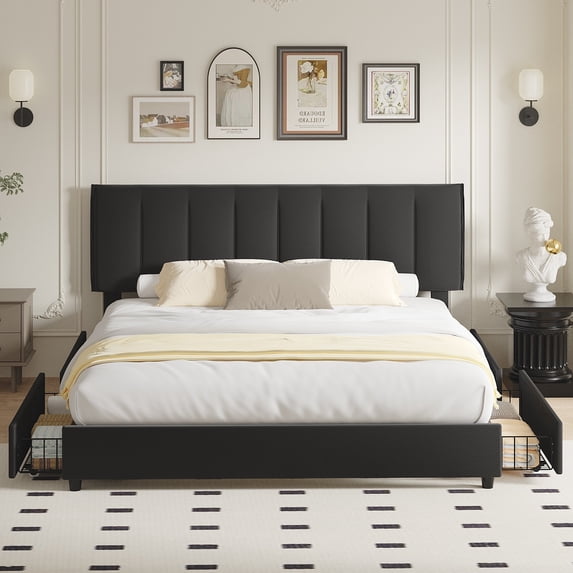 VECELO Upholstered Bed Frame with 4 Storage Drawers, King Size Modern Platform Bed Frame with Adjustable Headboard, No Box Spring Needed, Black