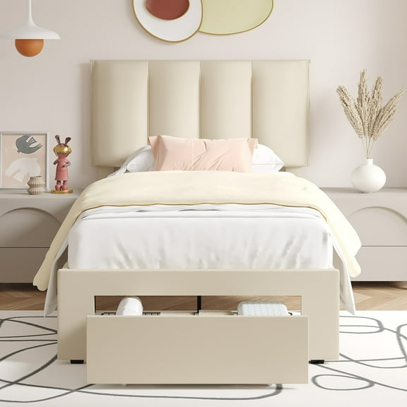 VECELO Upholstered Bed Frame with Storage Drawers, Twin Size Modern Platform Bed Frame with Adjustable Headboard, No Box Spring Needed, Beige