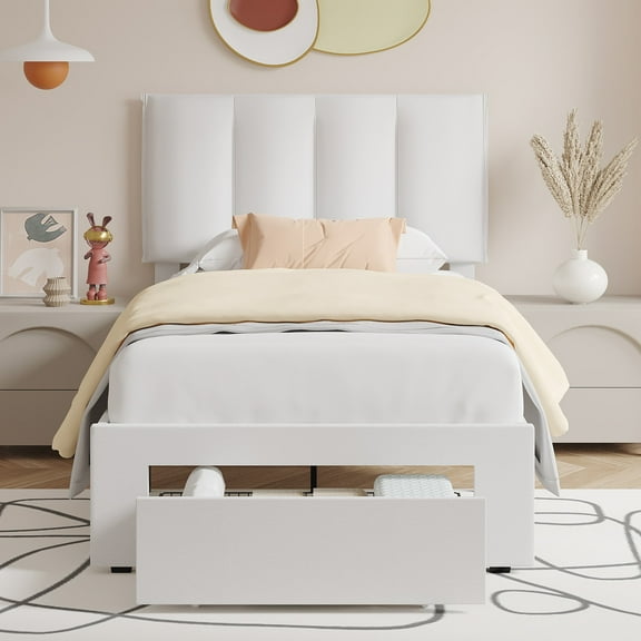 VECELO Upholstered Bed Frame with Storage Drawers, Twin Size Modern Platform Bed Frame with Adjustable Headboard, No Box Spring Needed, White