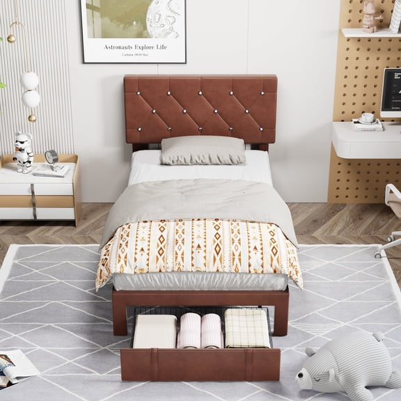VECELO Upholstered Bed with Storage-1 Drawer, Brown Bed Frame Twin Platform Bed with Faux Leather Tufted Headboard