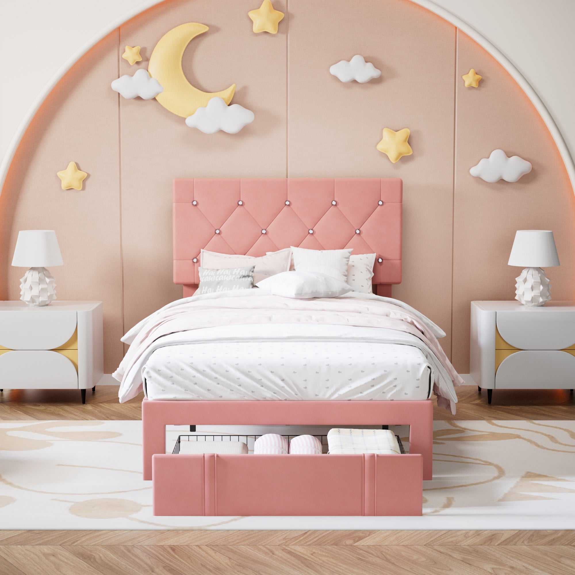 VECELO Upholstered Bed with Storage-1 Drawer, Pink Bed Frame Twin Platform Bed with Faux Leather Tufted Headboard