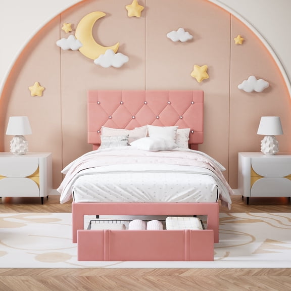 VECELO Upholstered Bed with Storage-1 Drawer, Pink Bed Frame Twin Platform Bed with Faux Leather Tufted Headboard