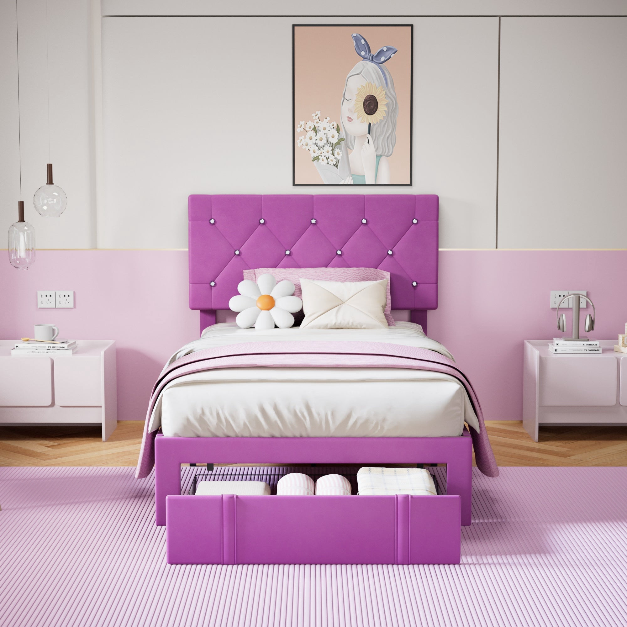 VECELO Upholstered Bed with Storage-1 Drawer, Purple Bed Frame Twin Platform Bed with Faux Leather Tufted Headboard