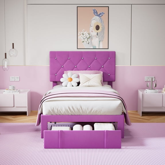 VECELO Upholstered Bed with Storage-1 Drawer, Purple Bed Frame Twin Platform Bed with Faux Leather Tufted Headboard