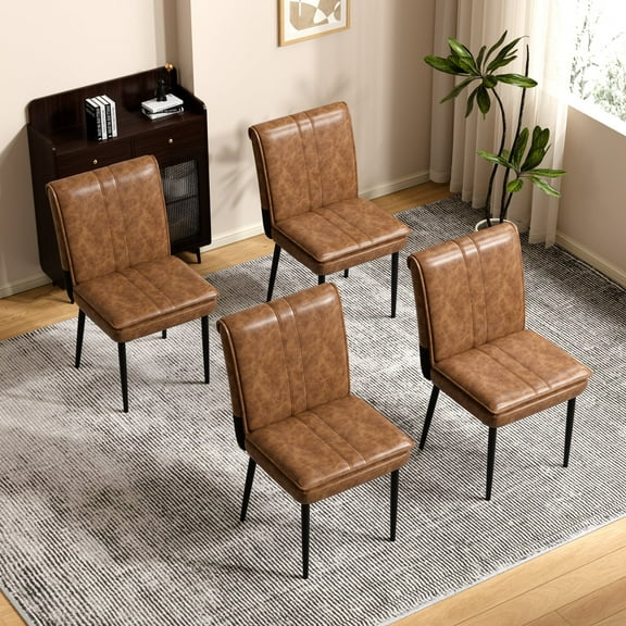 VECELO Upholstered Dining Chairs Set of 4, Faux Leather Folding Armless Kitchen Chair with High Backrest and Metal Legs for Restaurant, Dining room, Brown