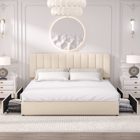 VECELO Upholstered Platform Bed Frame with 4 Storage Drawers, King Size Bed Frame with Adjustable Headboard, No Box Spring Needed, Beige