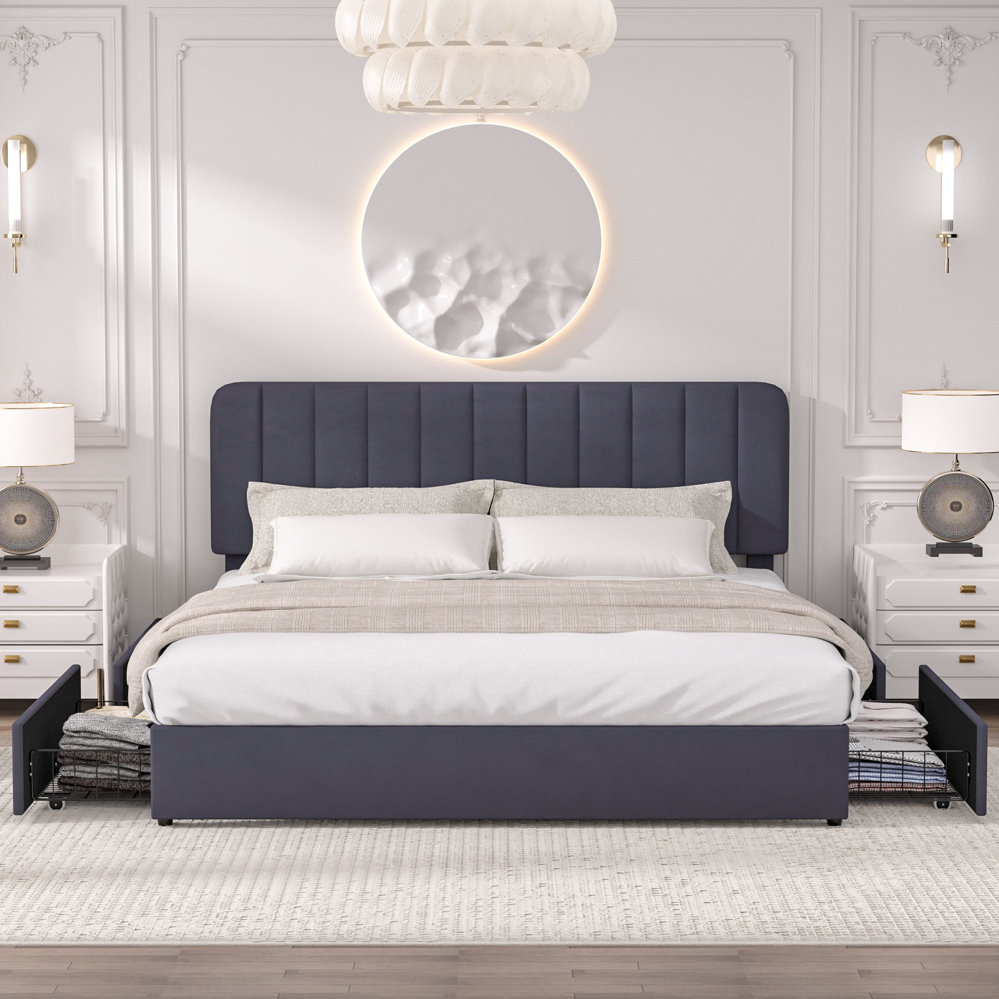 VECELO Upholstered Platform Bed Frame with 4 Storage Drawers, King Size Bed Frame with Adjustable Headboard, No Box Spring Needed, Black