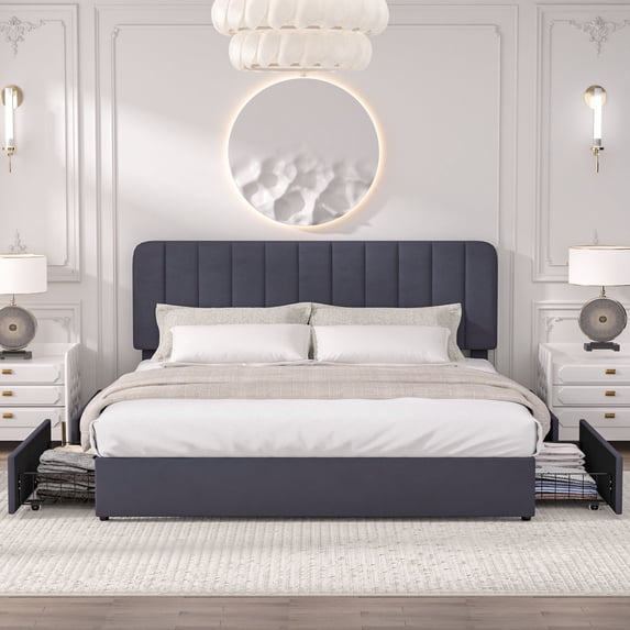VECELO Upholstered Platform Bed Frame with 4 Storage Drawers, King Size Bed Frame with Adjustable Headboard, No Box Spring Needed, Black