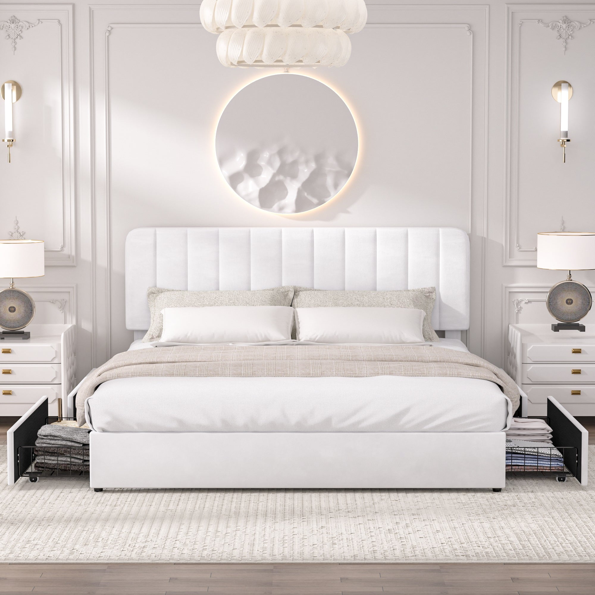 VECELO Upholstered Platform Bed Frame with 4 Storage Drawers, King Size ...