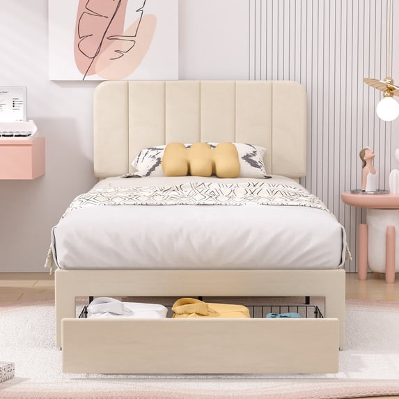VECELO Upholstered Platform Bed Frame with Storage Drawers, Twin Size Bed Frame with Adjustable Headboard, No Box Spring Needed, Beige