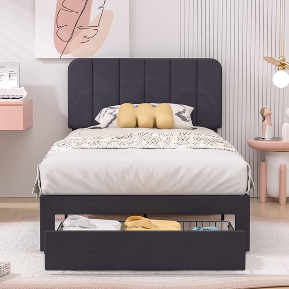 VECELO Upholstered Platform Bed Frame with Storage Drawers, Twin Size Bed Frame with Adjustable Headboard, No Box Spring Needed, Black