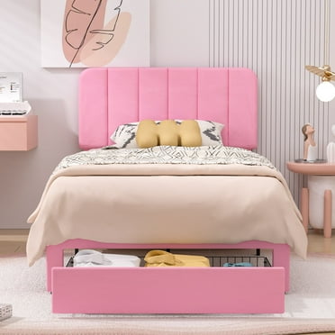 VECELO Upholstered Platform Bed Frame with Storage Drawers, Twin Size Bed Frame with Adjustable Headboard, No Box Spring Needed, Pink