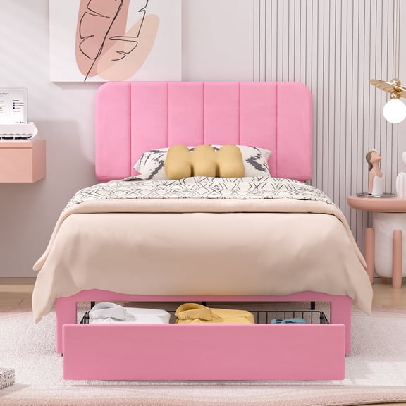 VECELO Upholstered Platform Bed Frame with Storage Drawers, Twin Size Bed Frame with Adjustable Headboard, No Box Spring Needed, Pink