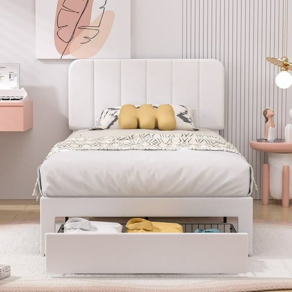 VECELO Upholstered Platform Bed Frame with Storage Drawers, Twin Size Bed Frame with Adjustable Headboard, No Box Spring Needed, White