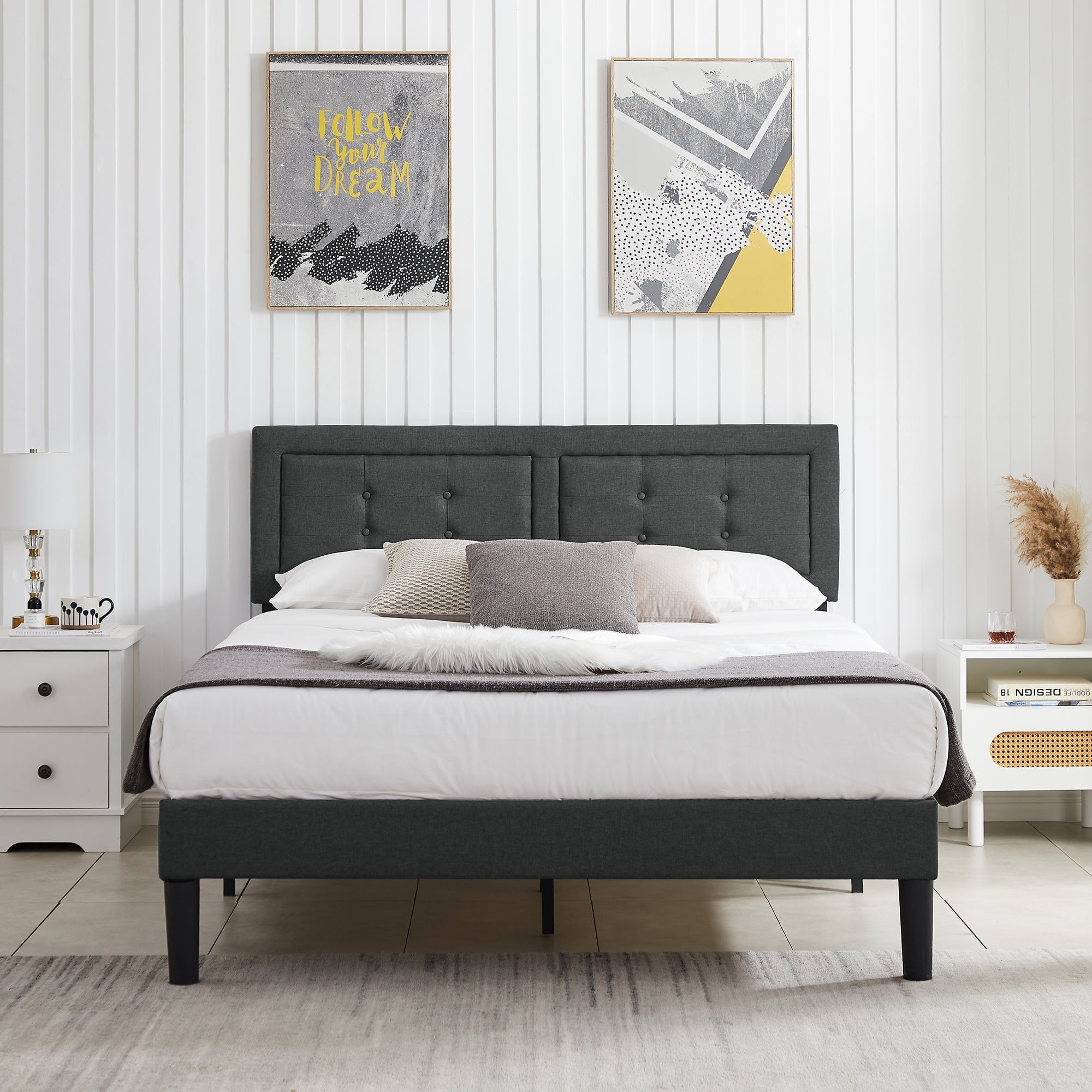 VECELO Upholstered Platform Bed Frame with Height Adjustable Headboard ...