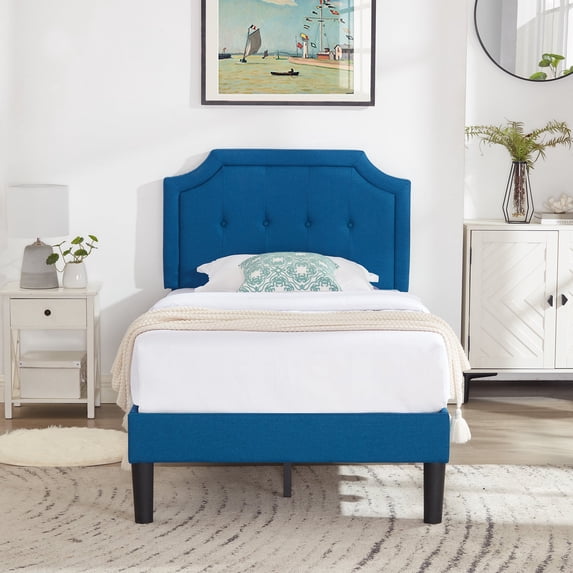 VECELO Upholstered Platform Bed with Height Adjustable Tufted Button Headboard/Mattress Foundation, Steel Frame, Strong Wood Slat Support, Twin, No Box Spring Needed,Blue