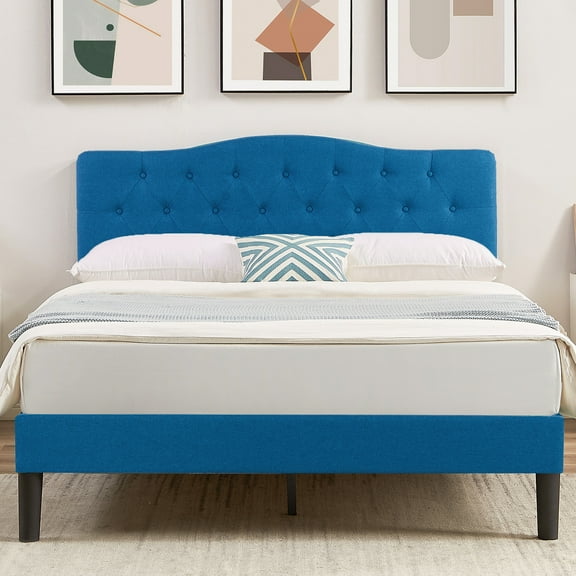 VECELO Upholstered Platform Bed with Adjustable Headboard，Queen Size，Blue