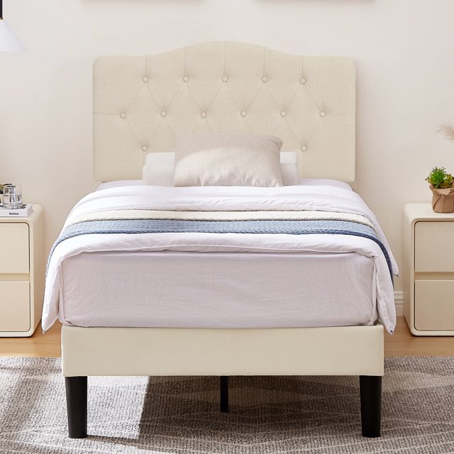 VECELO Twin Size Upholstered Platform Bed with Adjustable Beige