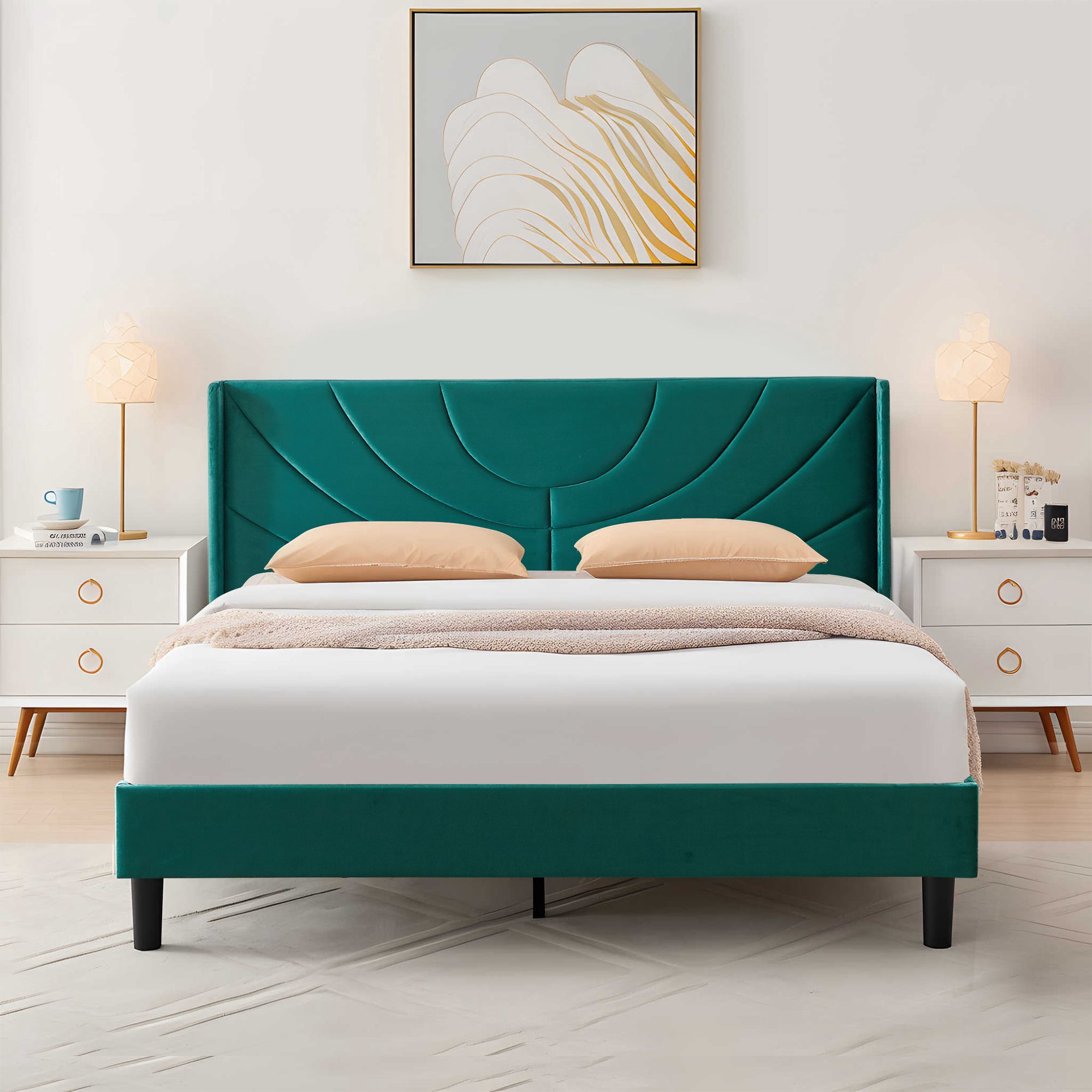 VECELO Upholstered Platform Full Bed Frame with Fabric Headboard,Wooden Slats Support/No Box Spring Needed/Mattress Foundation,Dark Green