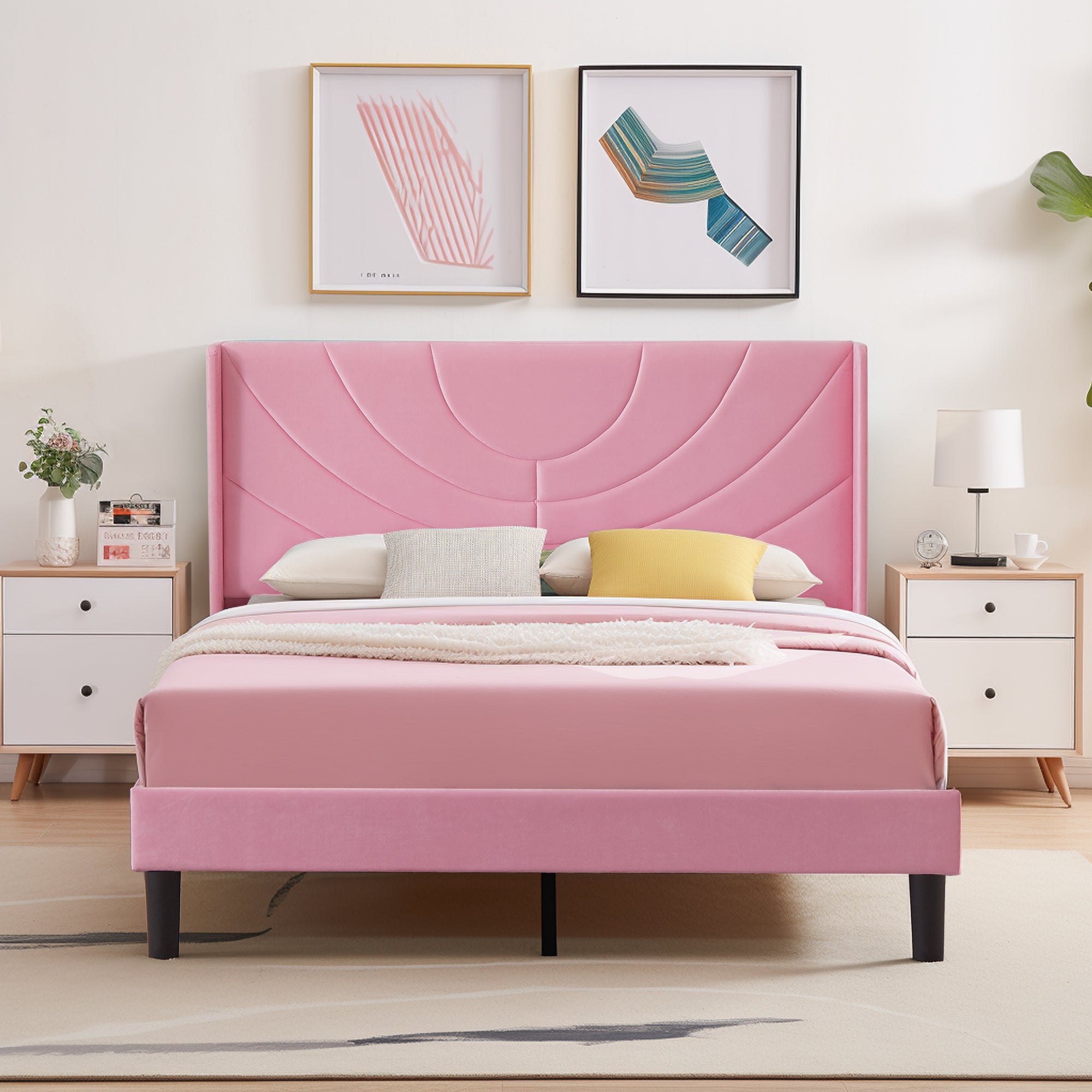 VECELO Upholstered Platform Full Bed Frame with Fabric Headboard,Wooden Slats Support/No Box Spring Needed/Mattress Foundation,Pink