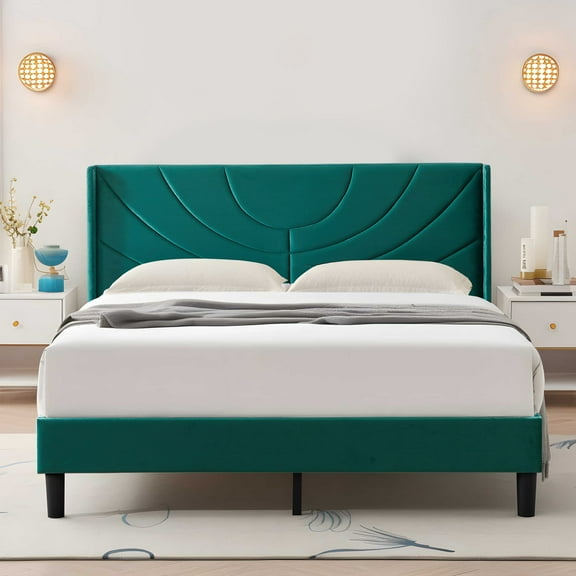 VECELO Upholstered Platform Queen Bed Frame with Fabric Headboard,Wooden Slats Support/No Box Spring Needed/Mattress Foundation,Dark Green