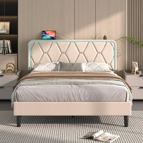 VECELO Upholstered Queen Bed Frame with Headboard Adjustable, Velvet Platform Bed with LED Lights, Charging Station, Mattress Foundation with Wooden Slats, Noise Free, No Box Spring Needed, Beige