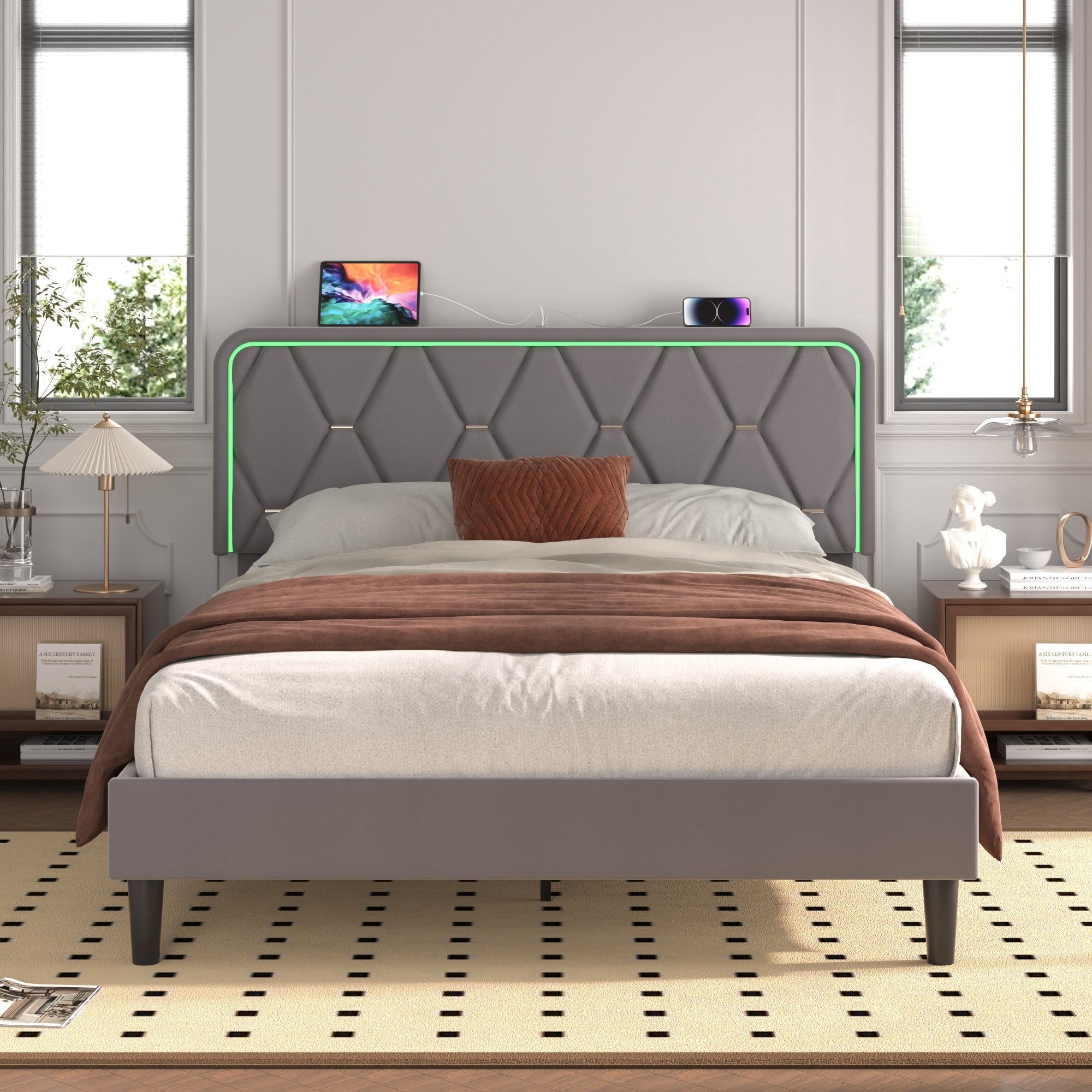 VECELO Upholstered Queen Bed Frame with Headboard Adjustable, Velvet Platform Bed with LED Lights, Charging Station, Mattress Foundation with Wooden Slats, Noise Free, No Box Spring Needed, Gray