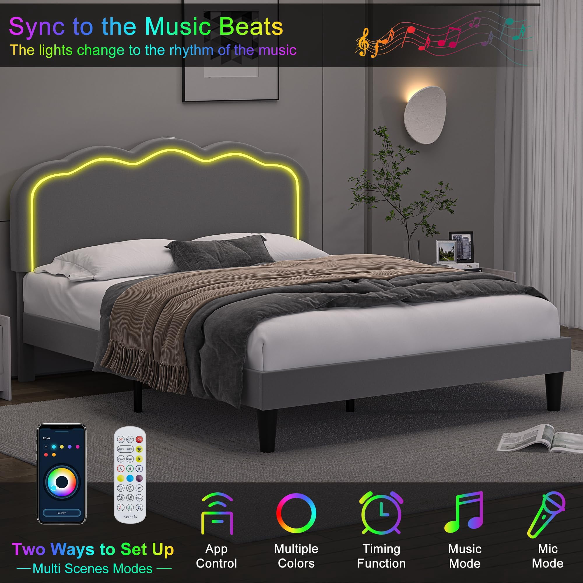 VECELO Upholstered Queen Size Bed Frame with Headboard Adjustable, LED Lights, USB-A & Type-C, Velvet Platform Bed Noise Free, Mattress Foundation with Wooden Slats, No Box Spring Needed, Gray