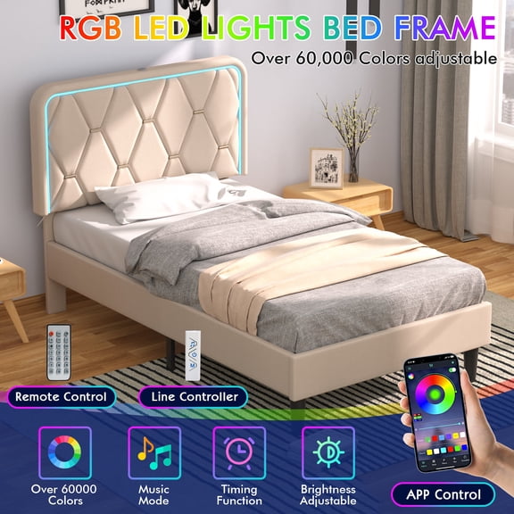 VECELO Upholstered Twin Bed Frame with Headboard Adjustable, Velvet Platform Bed with LED Lights, Charging Station, Mattress Foundation with Wooden Slats, Noise Free, No Box Spring Needed, Beige