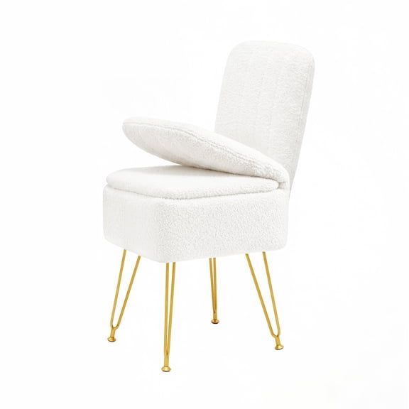 VECELO Vanity Chair with Storage & Folding Backrest, Square Soft Teddy Fleece Ottoman Stool with Anti-Slip Legs, Makeup Chair for Bedroom, White, 13.4"W x 15"D x 30"H