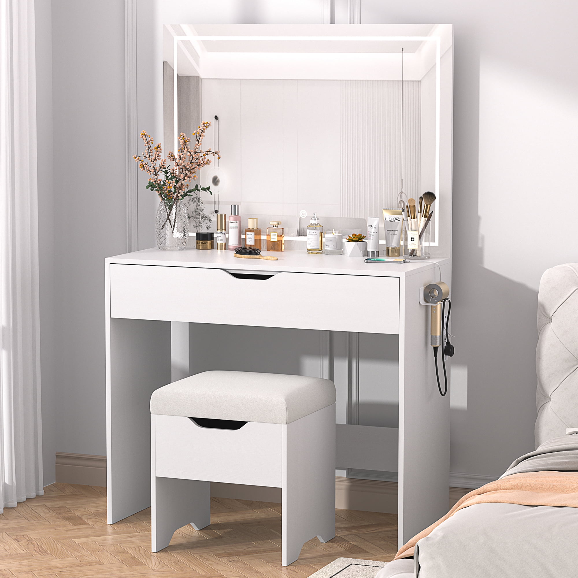 VECELO Vanity Desk Set with Stool, Makeup Vanity Table with Drawers & LED Lighted Mirror & Power Outlet, Storage Stool, 3 Lighting Modes Brightness Adjustable for Bedroom, White