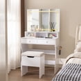 thumbnail image 1 of VECELO Vanity Desk with 5 Drawers & LED Lighted Mirror & Power Outlet, Stylish Bedroom Makeup Table Set with Storage Stool, 3 LED Light Modes, White, 1 of 8