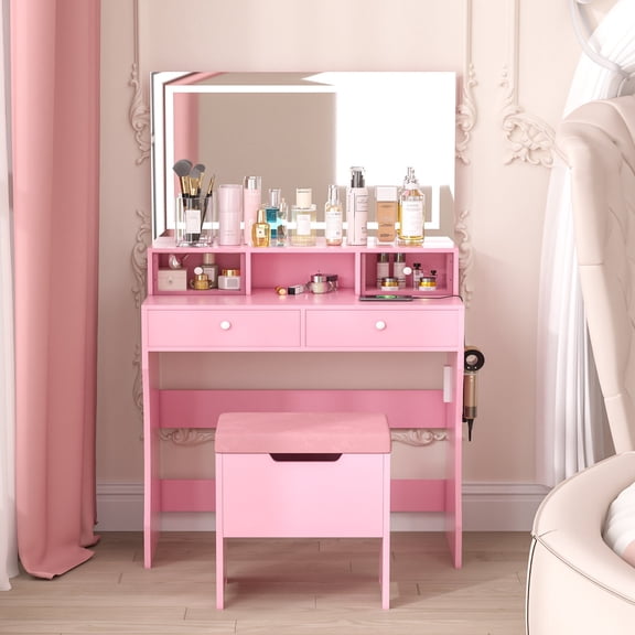 VECELO Vanity Set with Stool, Makeup Vanity Table with Mirror & Lights, Vanity Desk with Power Outlets & Storage Drawer, for Bedroom, Pink